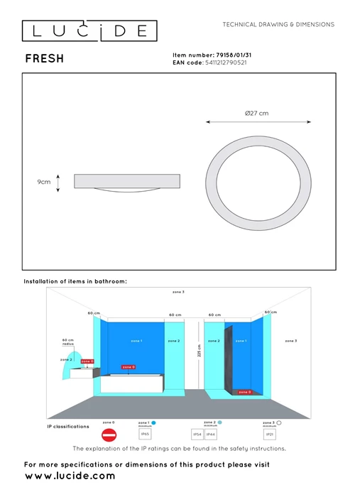 Lucide FRESH - Plafonnière Badkamer - Ø 27 cm - 1xE27 - IP44 - Wit - technisch